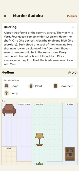 A Murder Sudoku case in the Braggster app: the briefing, the furniture key and the floor plan of the rooms