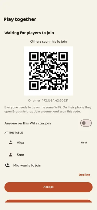The Play together lobby: a QR code for the others to scan, the players at the table and a request to join waiting to be accepted