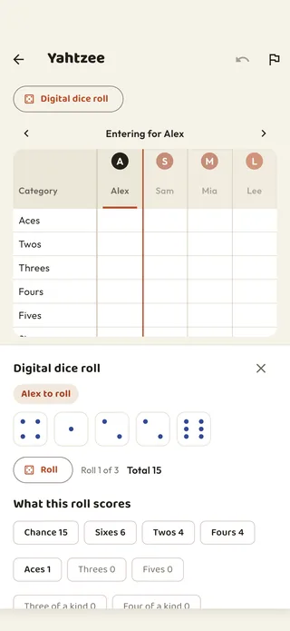 A Yahtzee scorecard for two players, with the dice roller open